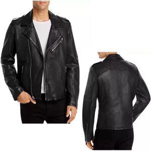 KARL LAGERFELD PARIS Notch Lapel Black Genuine Leather Moto Jacket Plus Size XXL